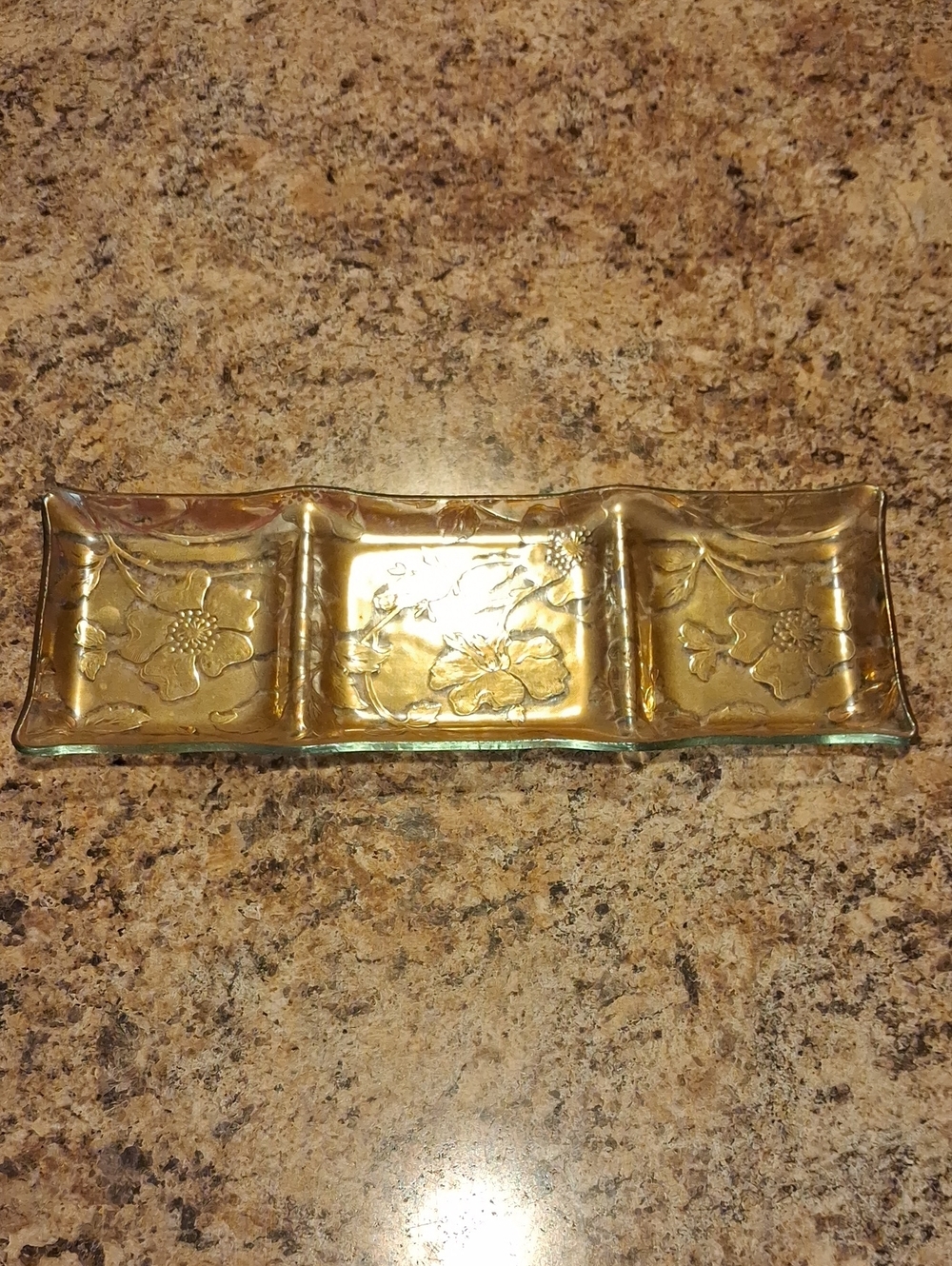 Vintage,MCM Italian 3 Slot Relish Dish With Real Gold Inlay Floral Design